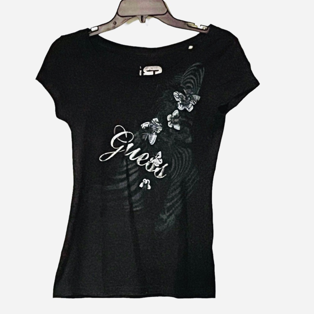 G by Guess Black V-Neck Butterfly Logo Print